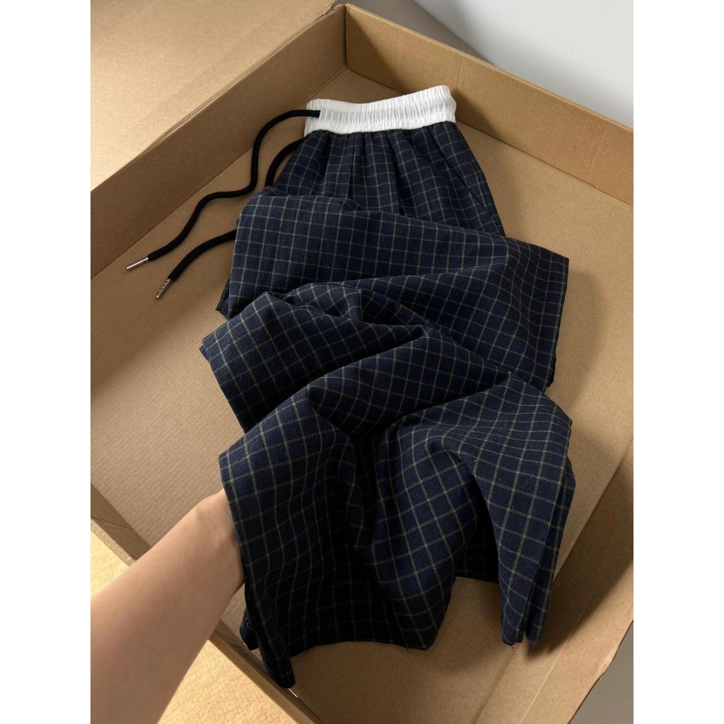 กางเกงขากระบอก แฟชั่น Drawstring ลายสก็อต สไตล์เกาหลี ผู้หญิงเอวสูง