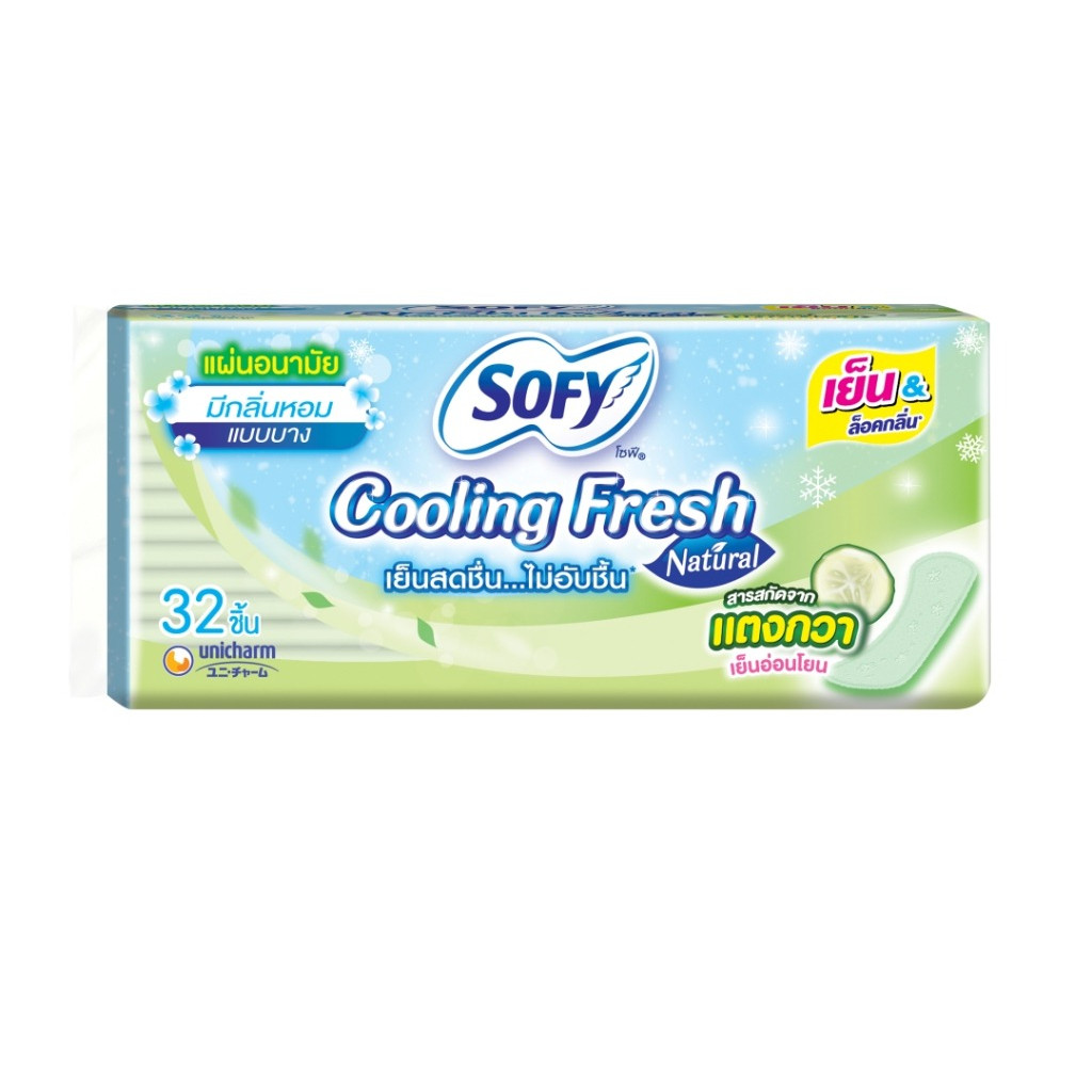 โซฟีคูลลิ่งเฟรชเนเชอรัลแผ่นอนามัยแบบบางมีกลิ่นหอม 32ชิ้น Sofy Cooling Fresh Natural Slim Scented 32pcs. [8851111270101 ]