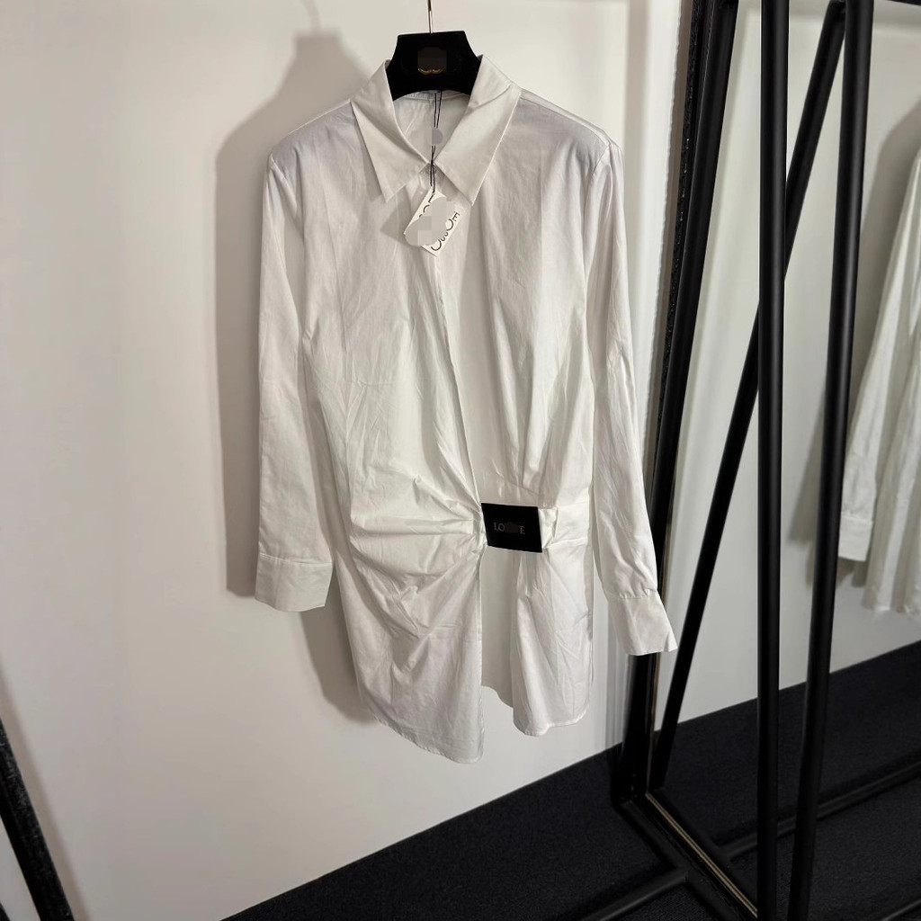 SN0Q Loe''' 2025Summer New logo Leather Label Decor Wrinkle Waist-Cinching Long Sleeve Shirt Dress