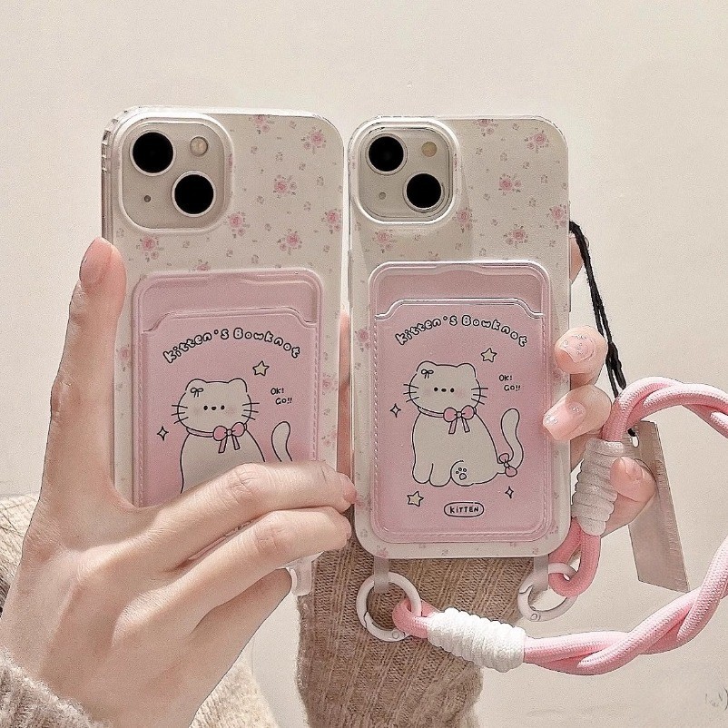 Iphone 15 14 13 12 11 Pro Max X Xr Xs Max 7 8 Plus SE2020 เคสโทรศัพท์การ์ตูนโบว์สีชมพู Cat + Lanyard ฝาครอบโทรศัพท์แบบนุ่ม