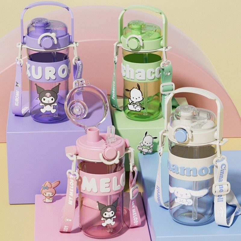 ฟรีสติ๊กเกอร์ 3D 780ml Sanrio Kuromi Straw Bottle with Strap BPA Free Tritan Kid Children Botol Kana