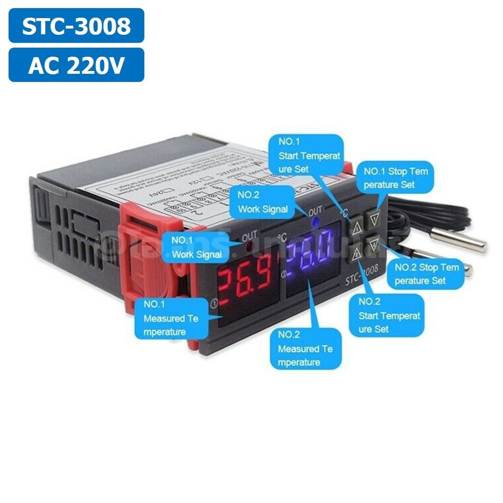 STC-3008 220VAC เครื่องควบคุมอุณหภูมิ 2ช่อง NTC Dual Digital Temperature Controller ตัวควบคุมอุณหภูมิ Control Regulat...