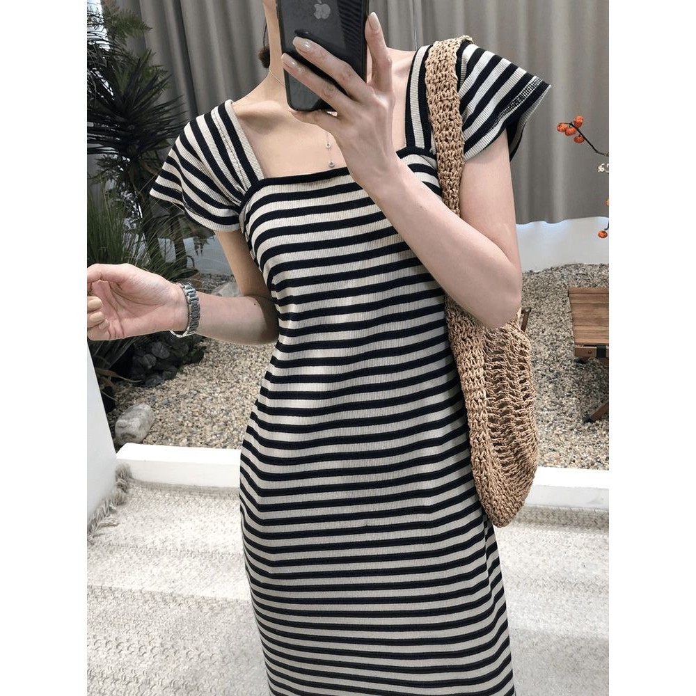 Dress Oversize(40-150kg) ผู้หญิงเปลือยสแควร์คอ Maxi Dress Plus ขนาดเสื้อยืดลายชุด