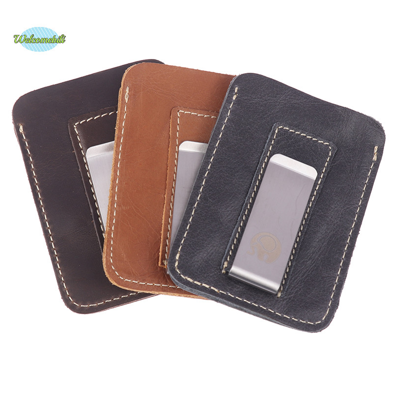 [Welcomebili] Thin Leather Money Clip Mini Wallet Men Credit Card Slot Slim Bills Metal Cash Clamp For Man Small Billfold Holder NEW
