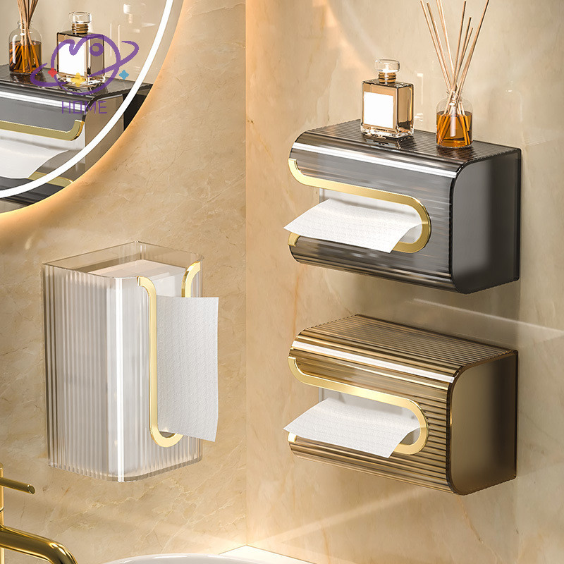 [mayhome] กล่องทิชชู่แบบมีกาวในตัวติดผนังในห้องน้ํา Multi-Function Paper Towel Storage Box Portable Draw Cartons Commodity {TH}