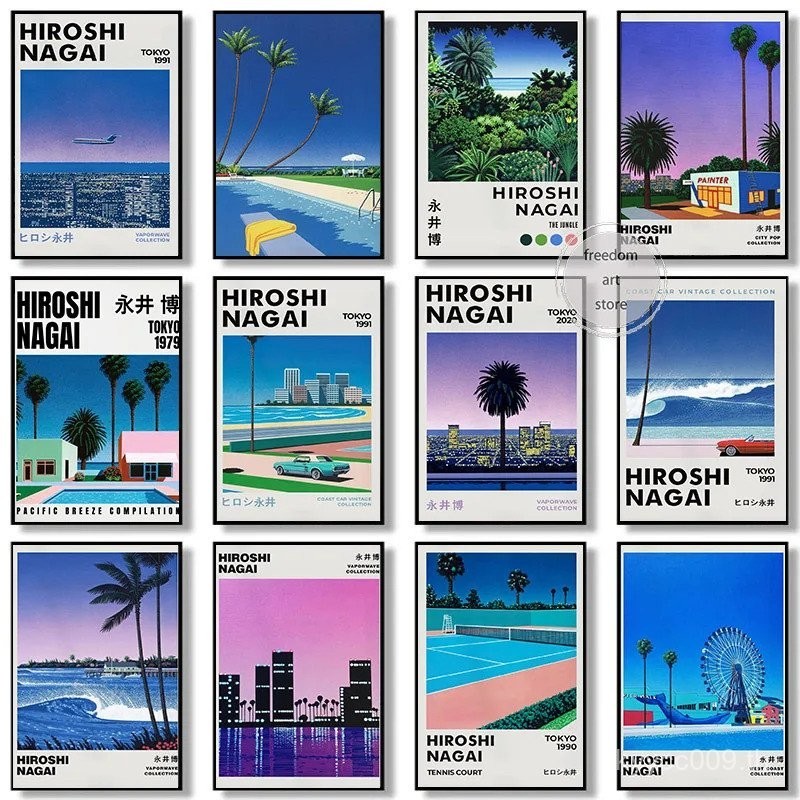 VINTAGE ญี่ปุ่น80S hiroshi Nagai ภาพประกอบ vaporwave Beach Art โปสเตอร์ภาพวาดผ้าใบผนังพิมพ์รูปภาพ Ro