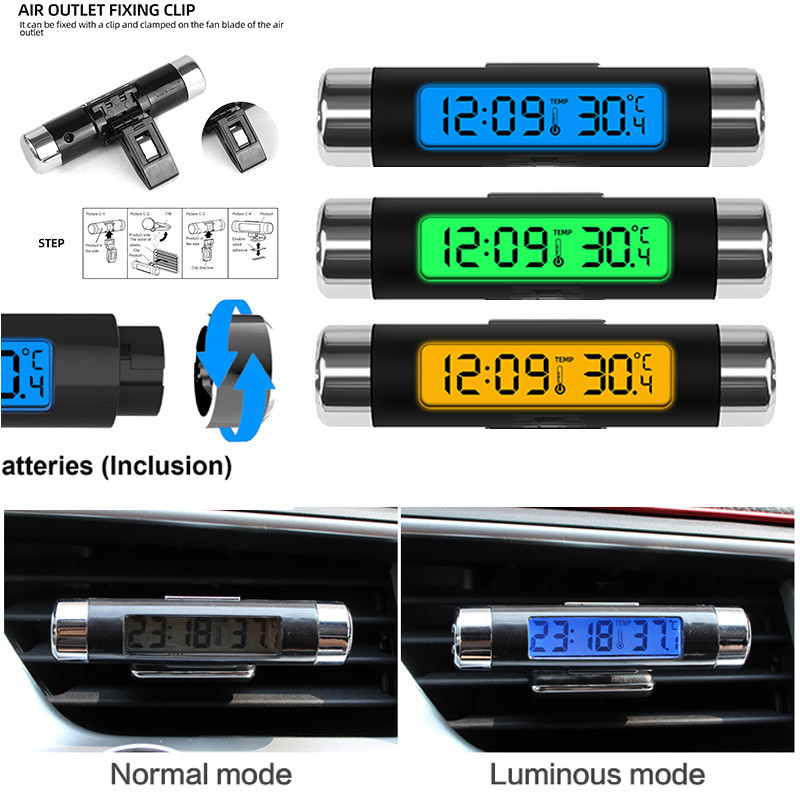 แบบพกพา 2 in 1 รถดิจิตอล LCD นาฬิกาแสดงอุณหภูมินาฬิกาอิเล็กทรอนิกส์เครื่องวัดอุณหภูมิรถยนต์ Blue Backlight พร้อมคลิป