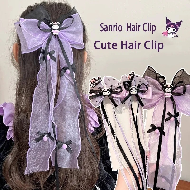 2024 ใหม่ Sanrio อะนิเมะ Kawaii น่ารัก Kuromi A สาวสาวหัวใจหวานสีม่วง Streamer Bow Barrette Headwear สําหรับสาววันหยุดของขวัญ