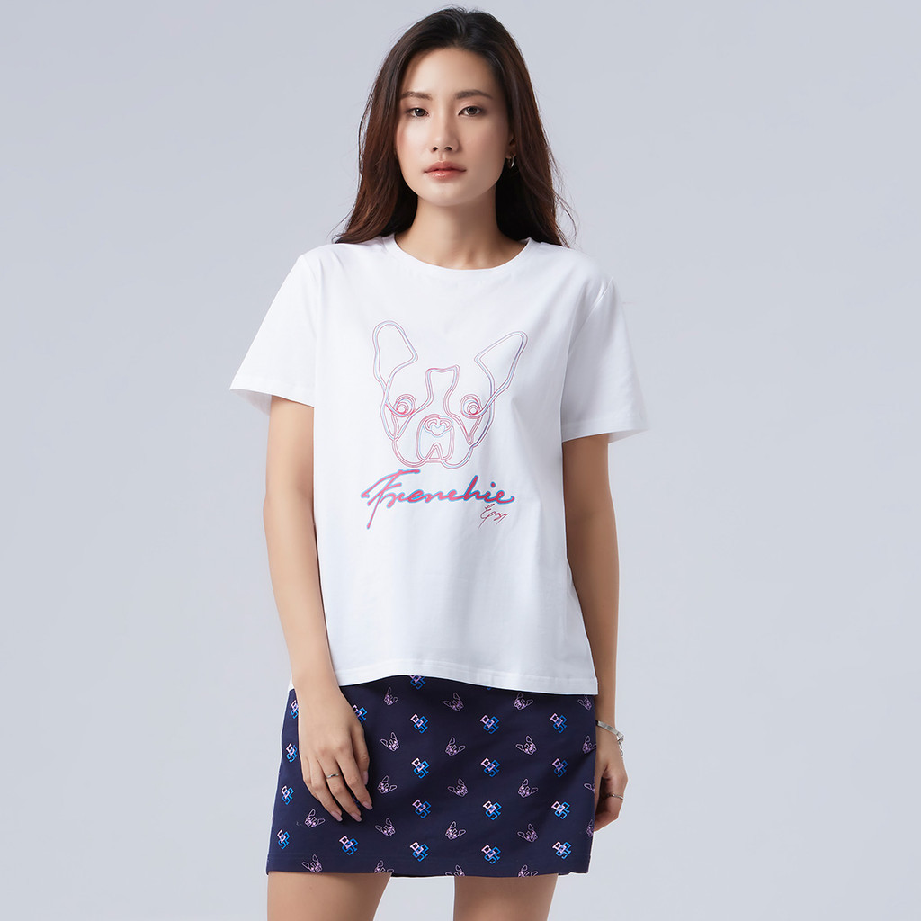 ESP เสื้อทีเชิ้ตลายเฟรนช์ชี่ อีซี่ ผู้หญิง สีขาว | Frenchie Eazy Tee Shirt | 06215