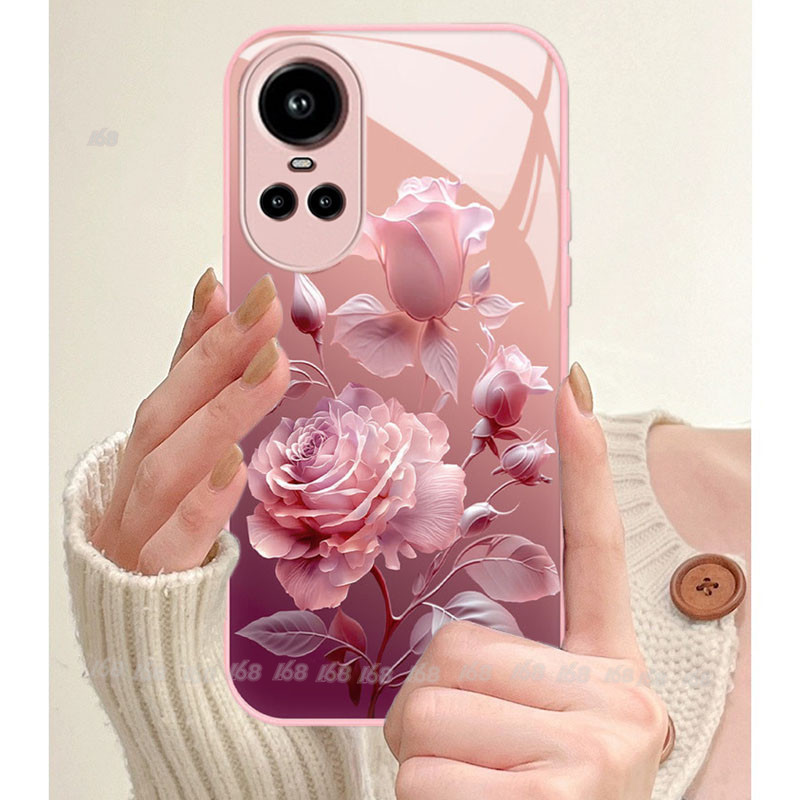 เคส OPPO Reno 12 11 10 Pro 5G เคส OPPO Reno10 Reno11 Reno 12 12F 5G โทรศัพท์มือถือแบบแก้ว ซิลิโคน กันกระแทก กันรอยกล้อง ลายดอกกุหลาบนําโชค พร้อมสายคล้อง สําหรับ
