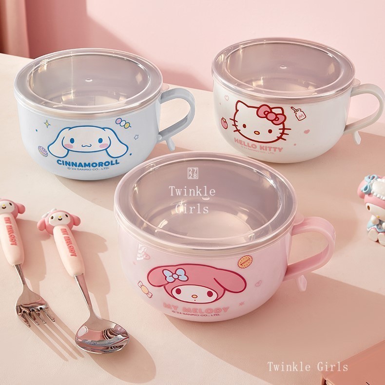 ของแท้ Sanrio Cinnamoroll 304 ชามสแตนเลสมีหูจับและฝา Hello Kitty Melody สําหรับเด็ก กันร้อน ใช้ใส่อาหาร ข้าว บะหมี่ ซุป
