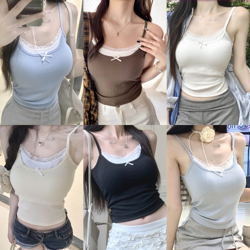 💜Bonnie💜​เสื้อสายเดี่ยว มีฟองน้ำ สลิมฟิต ดีเทลแต่งขอบลูกไม้ ติดโบว์ เสื้อกล้ามผู้หญิง ผ้านุ่ม ส่งไวจากไทย