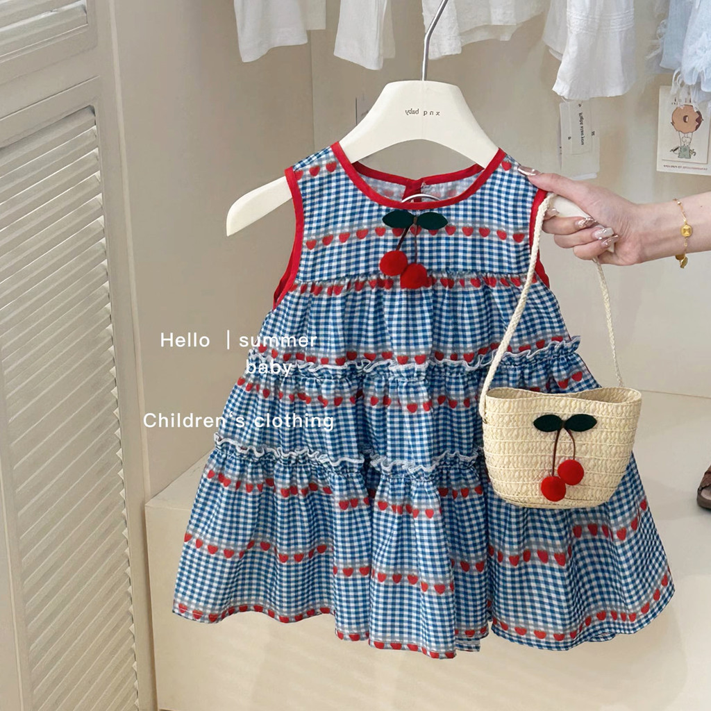 เสื้อผ้าเด็กสําหรับสาวสีแดงสตรอเบอร์รี่สีฟ้าลายสก๊อตชุดสําหรับเด็กทารกส่งกระเป๋าเชอร์รี่