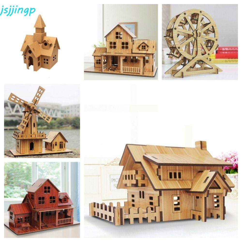 Jsjjingp 3D ปริศนาไม้ Villa House, ปราสาทกังหันลม DIY Ferris ล้อ Modle, การศึกษาทําด้วยมือความปลอดภัยไม้ไผ่