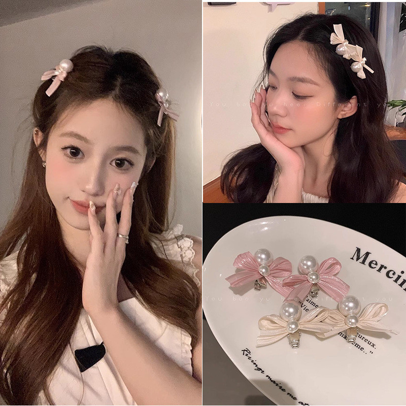 สไตล์ฝรั่งเศสหวาน Pearlescent Pearl Bow Hairpin สีชมพูโบว์ Bangs คลิป Fairy Pearl กิ๊บติดผมสําหรับผู้หญิงสาว
