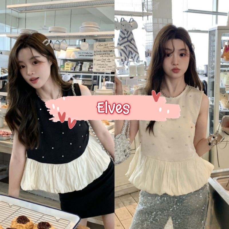 Elves✨พร้อมส่ง✨ เสื้อกล้ามไหมพรมคอกลม สไตล์เกาหลีสุดน่ารัก ดีเทลปลายแต่งสีครีม "R27-1"