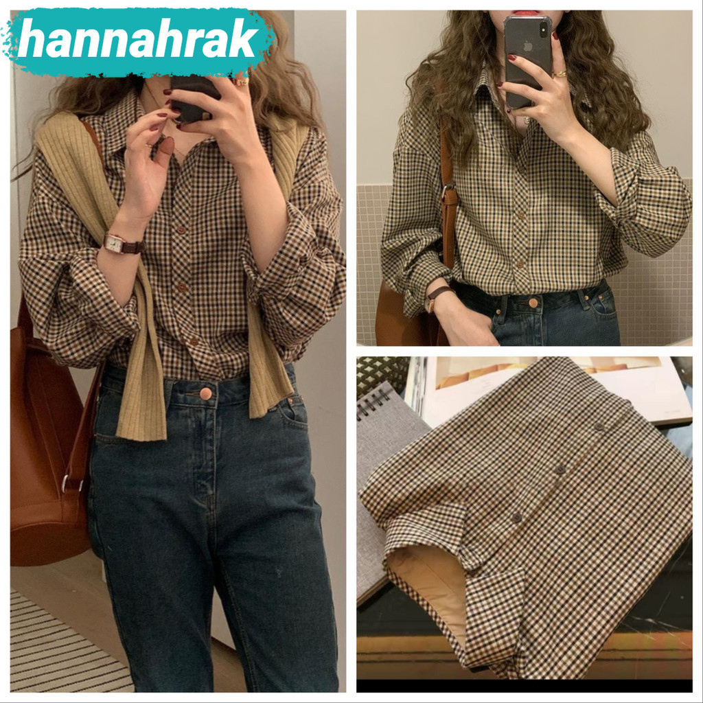 (ส่งจากกรุงเทพฯ)เสื้อเชิ้ตผู้หญิงเกาหลีเรโทร เสื้อเชิ้ตลายสก๊อต โปโล คอปก เสื้อเชิ้ตแขนยาว