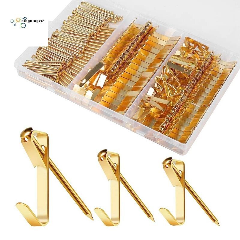 【dinghingxi2】184 ชิ้น ชุดแขวนรูปภาพ, 20lb, 30lb, และ 50lb Picture Hanger, Gold Metal Picture Hanging Hooks with Nails