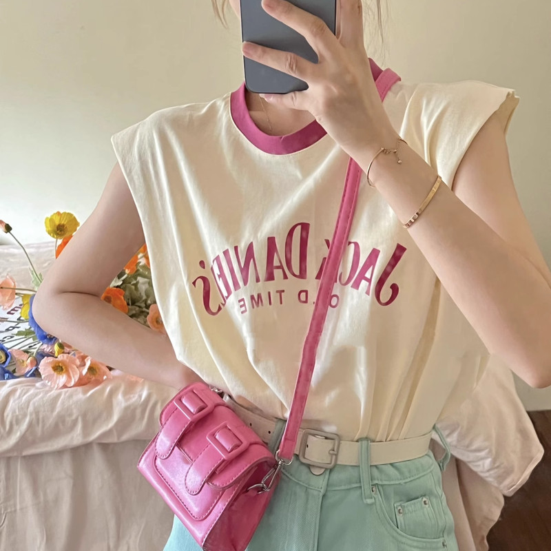 Solovely พิมพ์ลาย ผ้าฝ้าย แขนกุด เสื้อผู้หญิง สไตล์เกาหลี หลวม เสื้อกล้าม