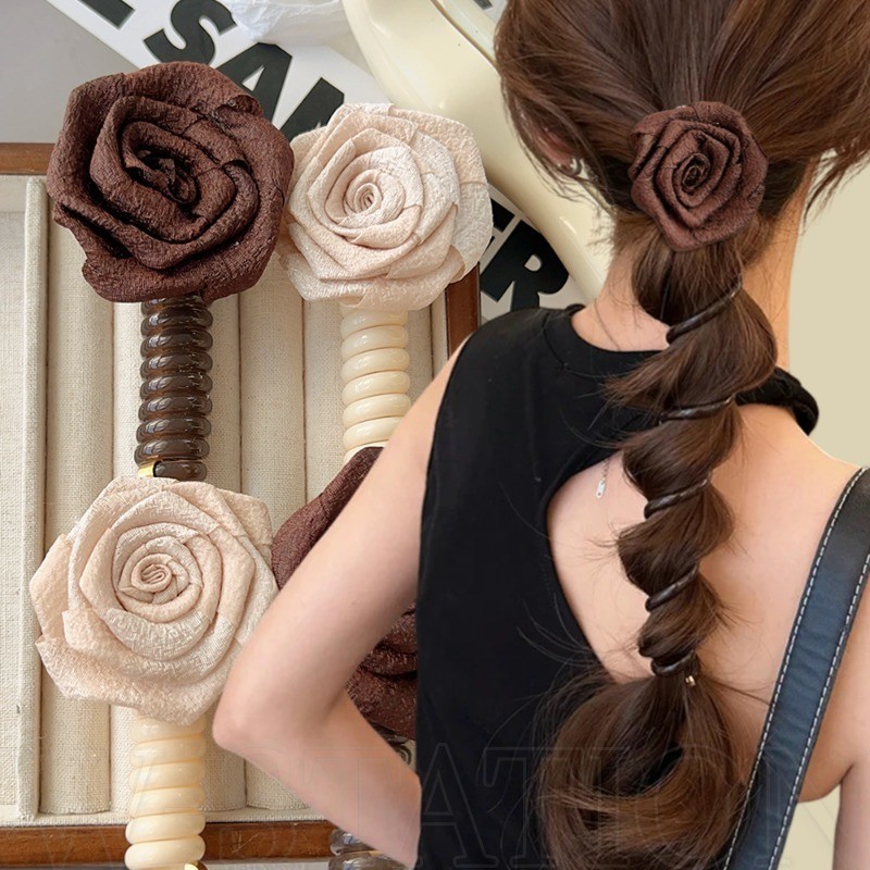 เครื่องประดับผมแฟชั่น-หวานน่ารักเกาหลีหรูหรายืดหยุ่นสูง-แหวนผมเกลียวดอกกุหลาบ-ผู้หญิงสายโทรศัพท์ห่วงผม-ฟองหางม้าถักสิ่งประดิษฐ์