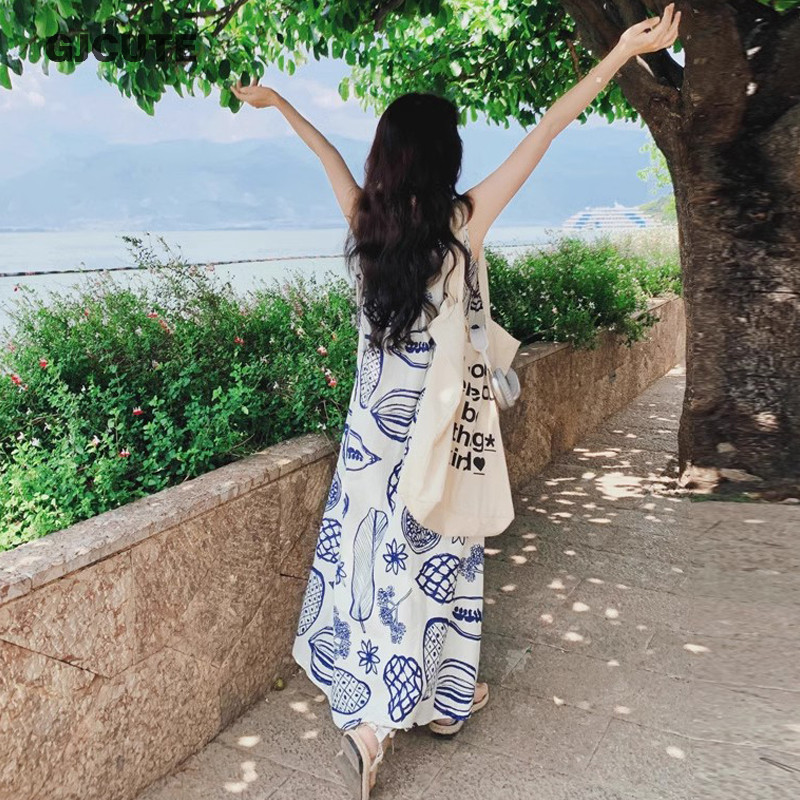 Gjcute เดรสแขนกุด Seaside Vacation Summer Travel Outfit Cozy Loose Long Dress WTD