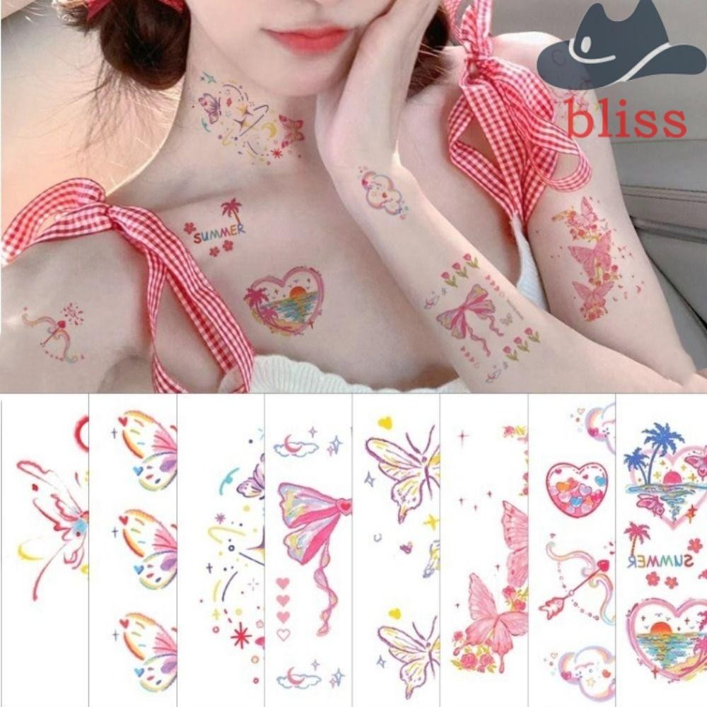 Bliss สติ๊กเกอร์รอยสักชั่วคราว, สติกเกอร์ศิลปะร่างกายผีเสื้อหวาน, Kawaii สีชมพู INS Cloud แต่งหน้า Tattoo Decals ขา