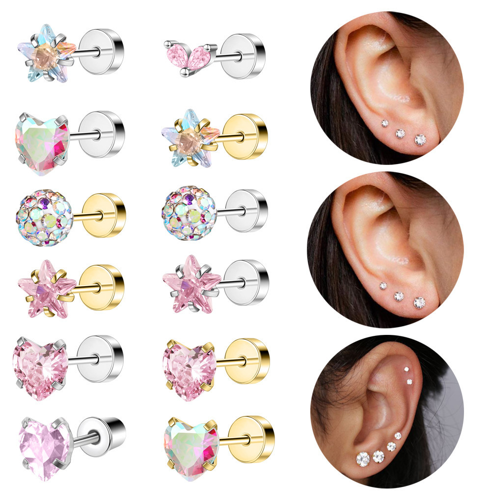 1 Pc Stianless Steel Ear Stud 20G เจาะหูหัวใจคริสตัลสตั๊ดต่างหูด้ายภายในต่างหู