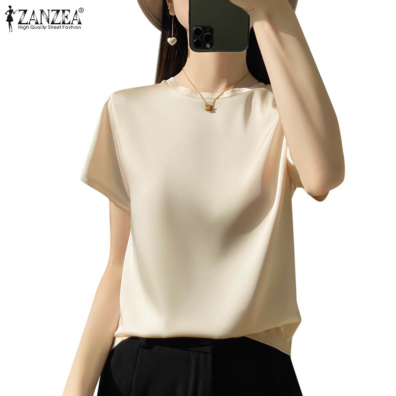 Zanzea เสื้อเบลาส์สีทึบหลวมแฟชั่นสตรีเกาหลี