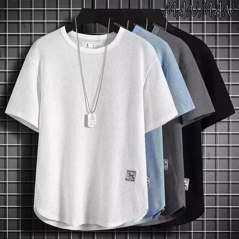 MANMAN เสื้อยืดผู้ชาย เหมาะสำหรับกีฬาสันทนาการ เสื้อคอกลม แมทช์ลุคง่าย แขนสั้นทรงหลวม แบบบาง