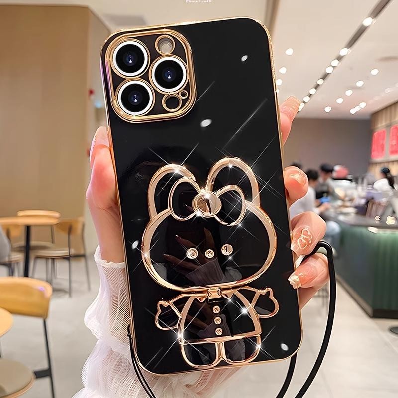 เคสโทรศัพท์สําหรับ OPPO Reno 13 13F 12 12F 11F 11 10 8T 7Z 8Z 8 7 6Z 6 5F 5 4F 4 2F 2 4G 5G ฝาหลังกระจกกระต่ายน่ารัก + ขาตั้งพับ