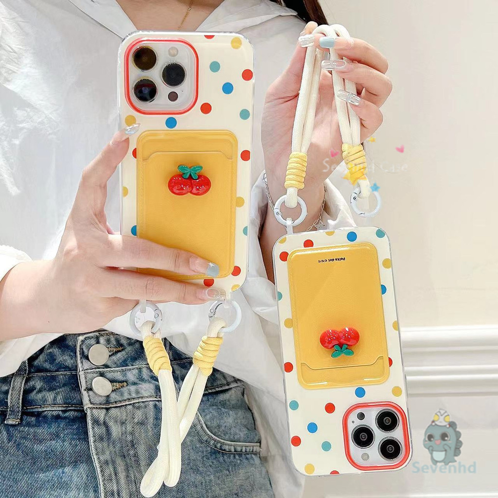 ปลอกสําหรับiphone 11 16 15 14 13 12 Pro Max XR 8 7 6 6s Plus SE 2020 X XS Max Insเคสโทรศัพท์เชอร์รี่สีสันสดใส + 3D DIYตุ๊กตา + โซ่ + ผู้ถือบัตรSoft TPUป้องกันกลับ ฝาครอบ