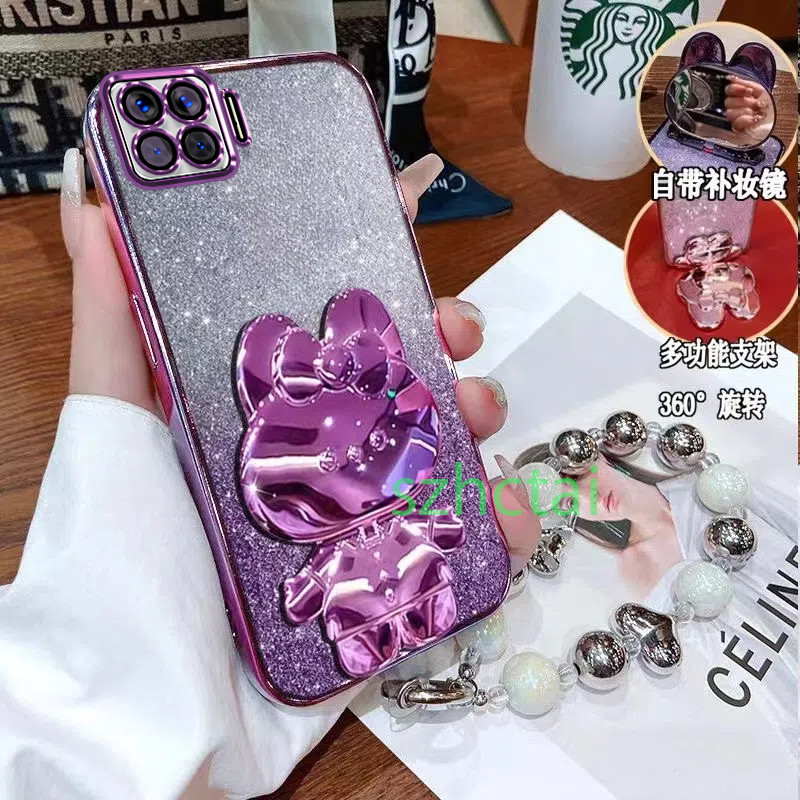 เคส OPPO Reno 4f A73 4g A93 4g F17 F17 Pro วงเล็บกระต่ายน่ารัก แวววาวซิลิโคนใสเคสโทรศัพท์แบบนุ่มพร้อมสร้อยข้อมือเชือกแขวน เคสโทรศัพท์ OPPO Reno 4f A73 4g A93 4g F17 F17 Pro
