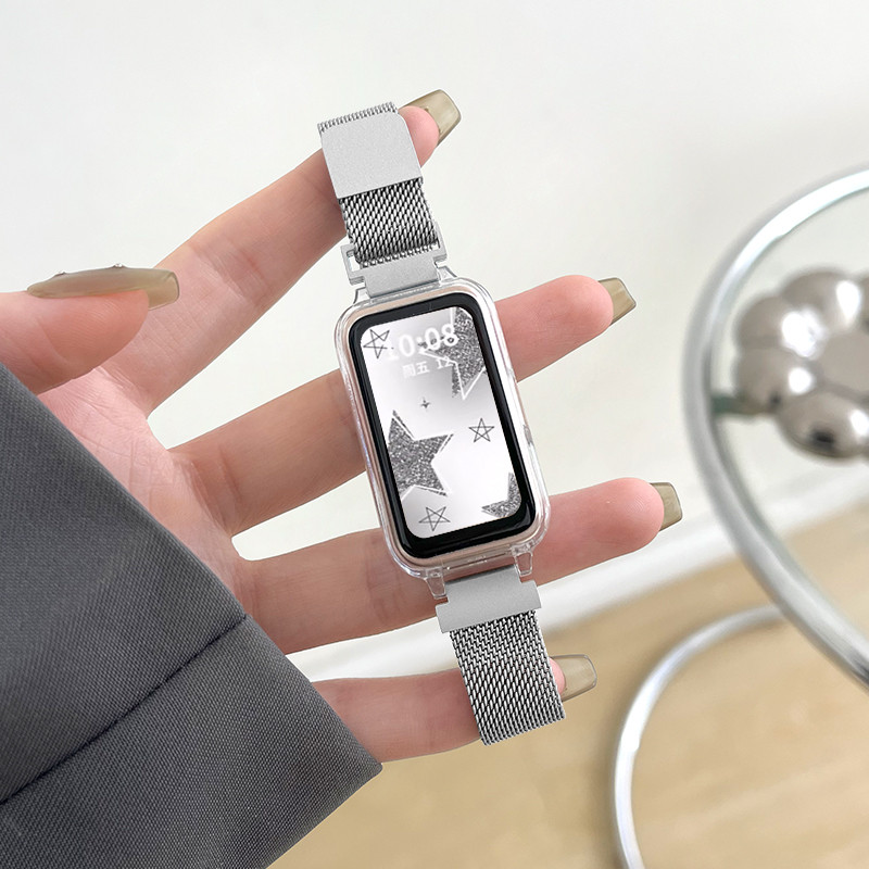 สายสแตนเลสสําหรับ Huawei Band 11 11Pro 10/9/8/7/6/6Pro สมาร์ทวอท์ช Milanese Wirst Loop สร้อยข้อมือแม่เหล็กสําหรับ Honor Band 9 7 6 สายรัดข้อมืออุปกรณ์เสริม
