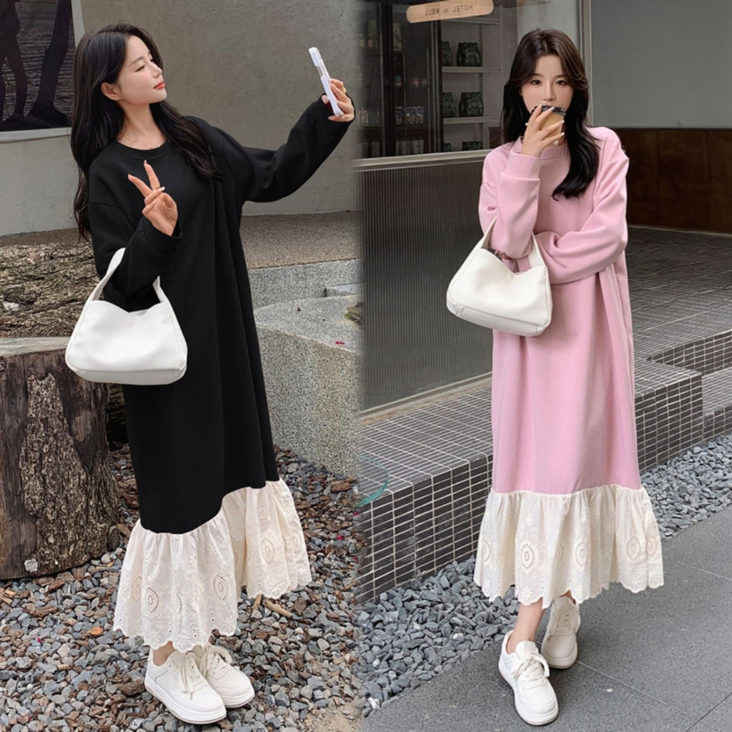 L-4XL ขนาดใหญ่ชุดฤดูใบไม้ร่วงฤดูหนาวแขนยาวชุด One Piece Dress Over-the-Knee ยาวชุดเสื้อกันหนาวชุดยาว