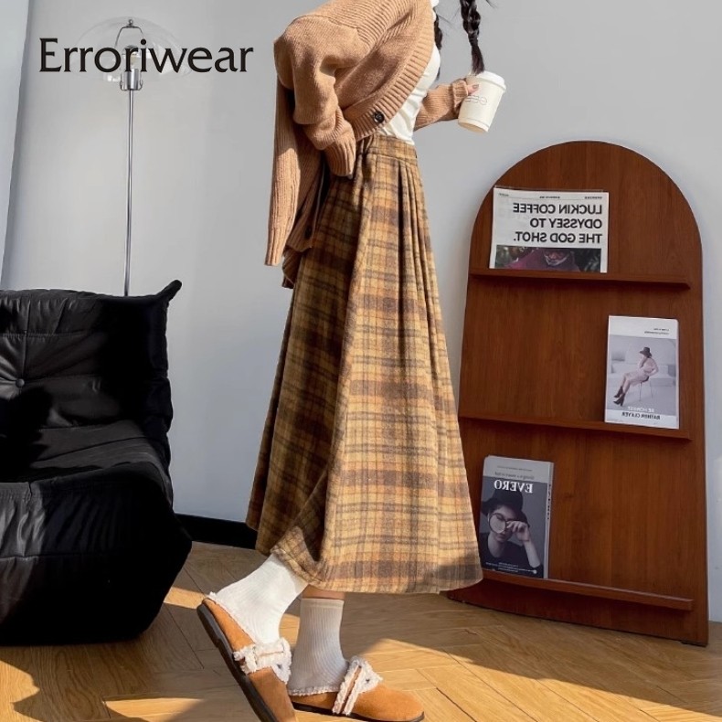 Errokiwear ผู้หญิง Midi กระโปรง 2024 แฟชั่นลายสก๊อตย้อนยุคเอวสูงลําลองทุกการแข่งขันกระโปรงทรงเอ