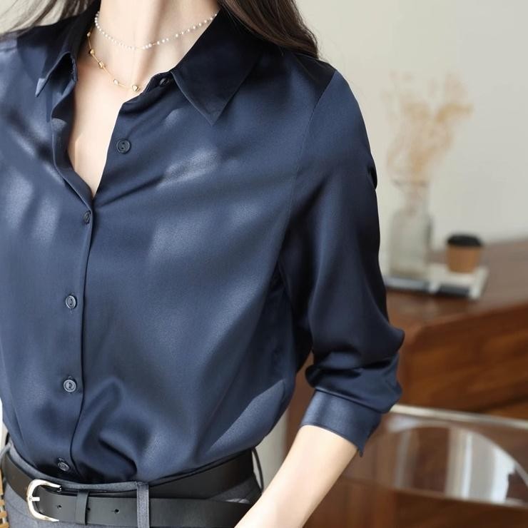 KOKO#เสื้อเชิ้ตแขนยาว ผ้าซาติน ทรงหลวม สไตล์ฝรั่งเศส พลัสไซซ์ สําหรับผู้หญิง#W443