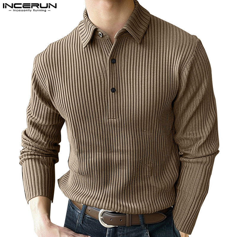 Incerun เสื้อเชิ้ตลําลองคอปกแขนยาวลายทางแฟชั่นเกาหลีสําหรับผู้ชาย