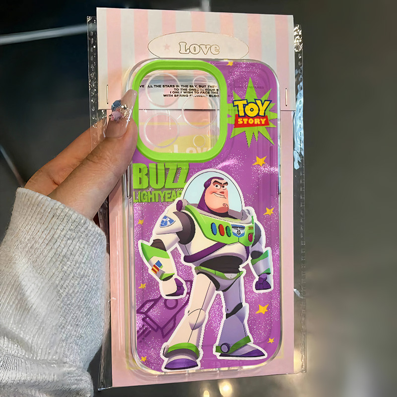 แฟชั่นด้านล่างสีม่วง Buzz Lightyear เคสโทรศัพท์สําหรับ IPhone 11 12 13 14 15 Pro Max Xr X XsMax 7/8 Plus Se2020 เลนส์กันกระแทกซิลิโคนอ่อนนุ่ม TPU ฝาหลัง