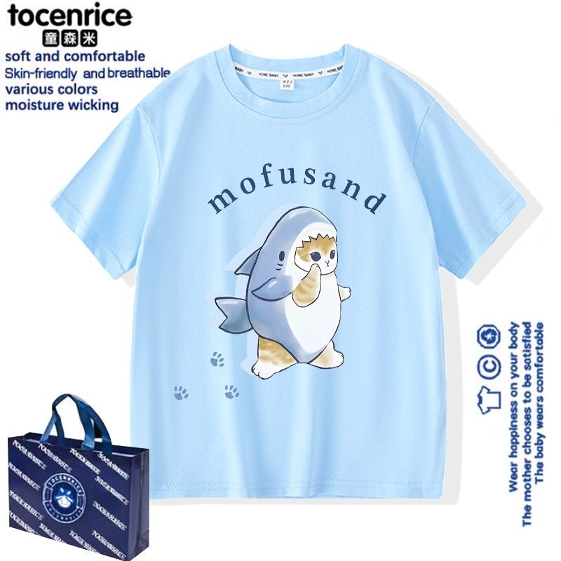 Cat Shark Cat mofusand เสื้อยืดแขนสั้นฤดูร้อนสไตล์ใหม่ผู้ชายผู้หญิงเสื้อผ้า