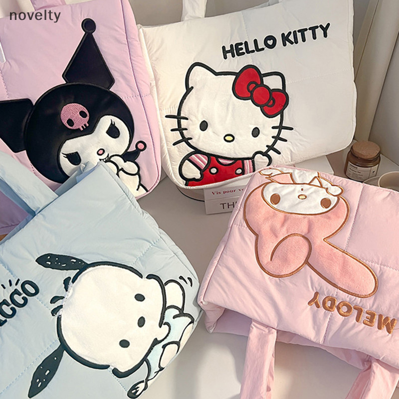 Nly Kawaii Sanrio Hello Kitty กระเป๋าถือการ์ตูนน่ารักลงผ้า Kuromi Tote กระเป๋าสะพายน่ารักเครื่องเขียนกระเป๋าขนาดใหญ่ความจุกระเป๋าถือ N
