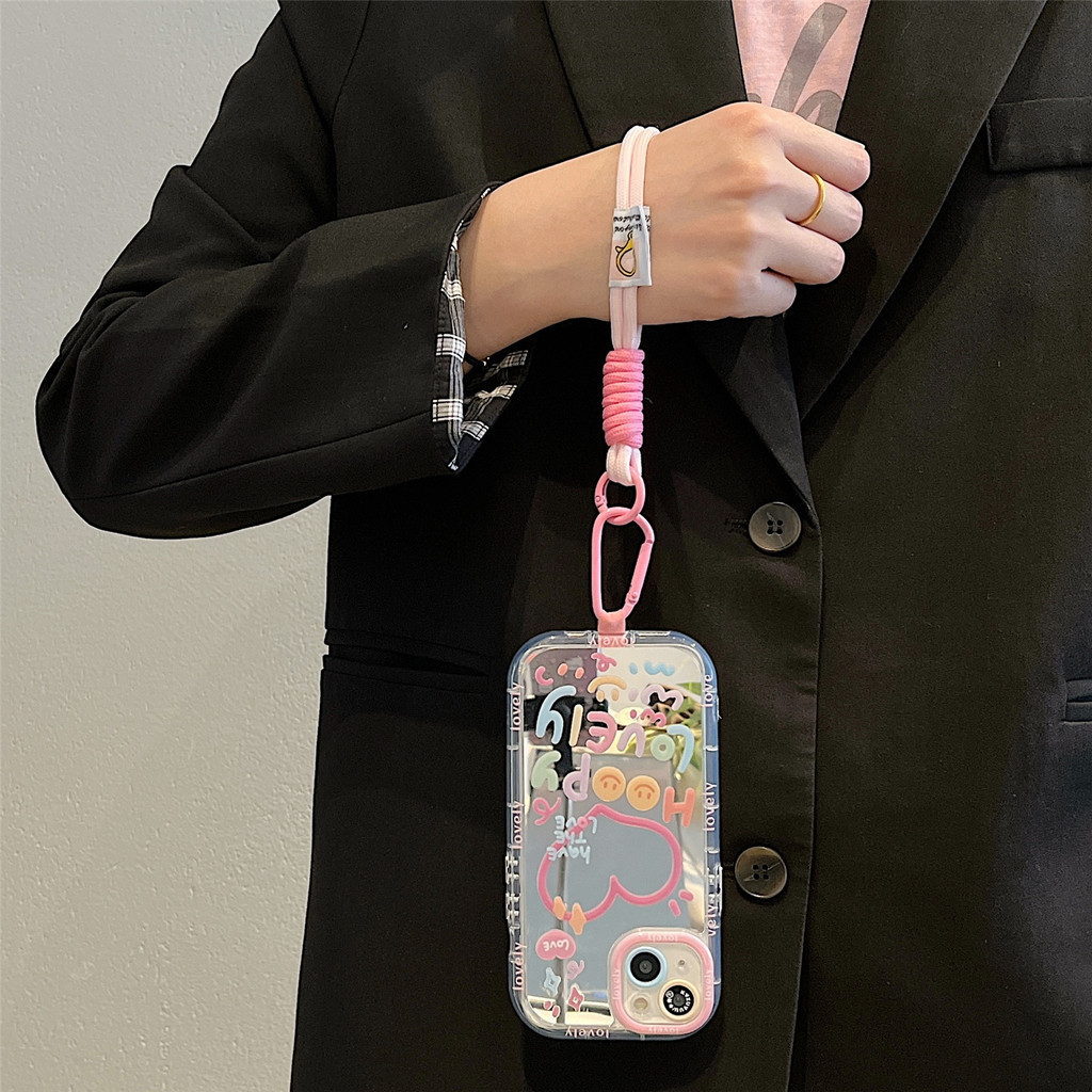 Ins สายสีชมพูสร้อยข้อมือเคสโทรศัพท์รูปแบบ Drop-Resistant กระจกแต่งหน้าเคสโทรศัพท์สําหรับ iPhone 16 Promax 15 Promax 12 13 Mini 14plus 11 Pro Max X XS XR XS Max 7 8 plus Se2020