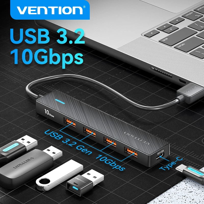 Vention USB HUB 4 พอร์ต ABS USB HUB 10Gbps USB 3.0 อะแดปเตอร์ PC อุปกรณ์เสริมแล็ปท็อป USB C HUB Splitter