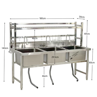 ซิงค์ล้างจานสแตนเลส พร้อมที่คว่ำจาน อ่างล้างจาน3หลุม 180x70x80cm Triple Bowl Kitchen Sink SK180-70-ST483