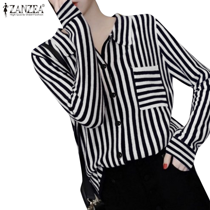 Zanzea ผู้หญิงเกาหลีเปิดลงปุ่มแขนยาวลาย Placket เสื้อ