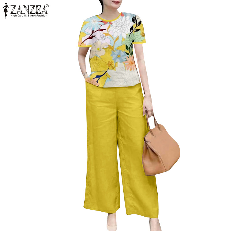 ZANZEA ใส่ ซานเซีย ผู้หญิงเกาหลีที่สง่างามพิมพ์ลูกเรือคอขากว้างแขนสั้นกระเป๋าท็อปส์กางเกง