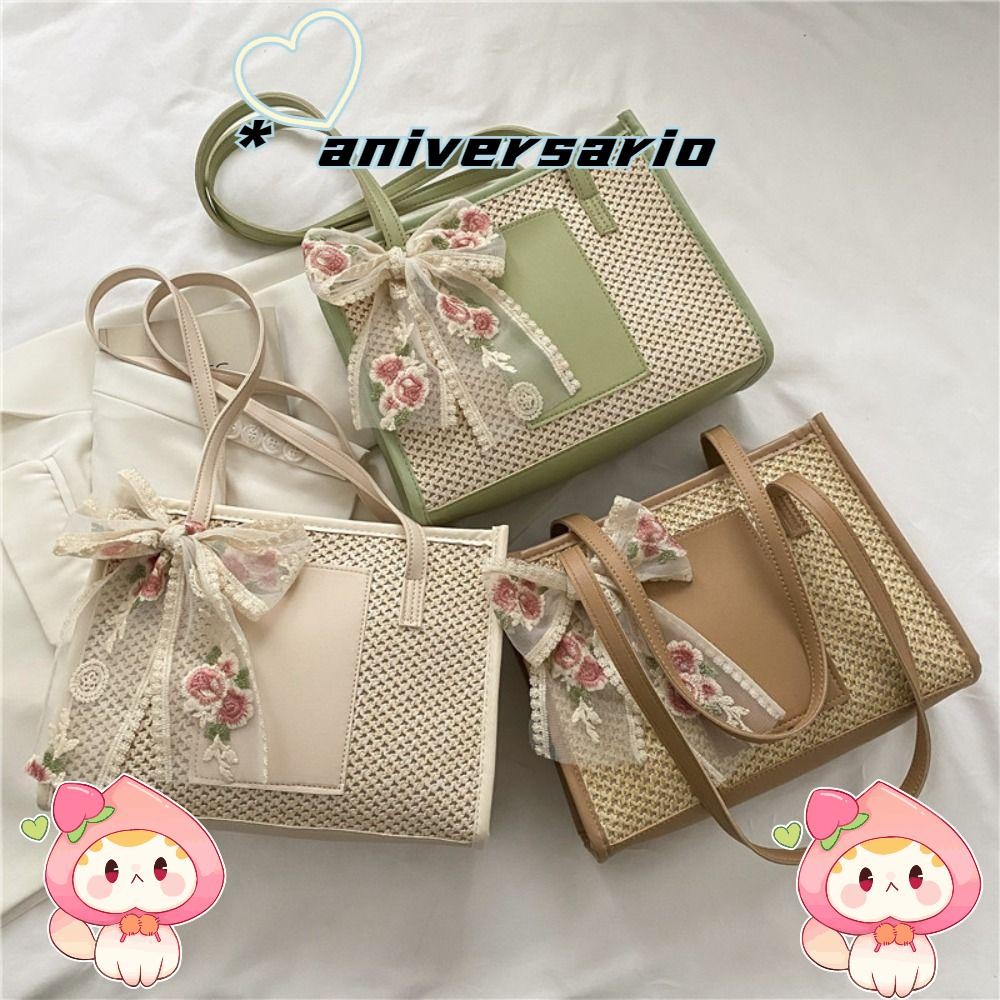 Aniiversario Women Beach Bag, Travel Basket Straw Vine Tote Bag, Handทอกระเป๋าสะพายไหล่มือถือฟางกระเป๋าผู้หญิง