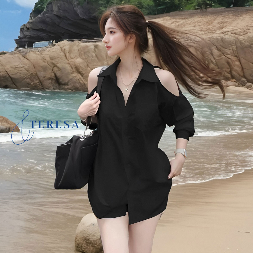 เสื้อเชิ้ตผู้หญิงดีไซน์เปิดไหล่ คอปกแขนยาวสวย