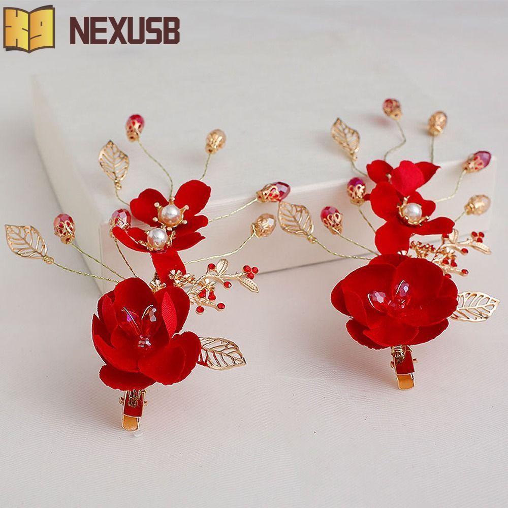 Nexusbeam จีนHanfuคลิปผมคลิปด้านข้างRetroดอกไม้สีแดงมุกคริสตัลเจ้าสาวเทศกาลHairpins