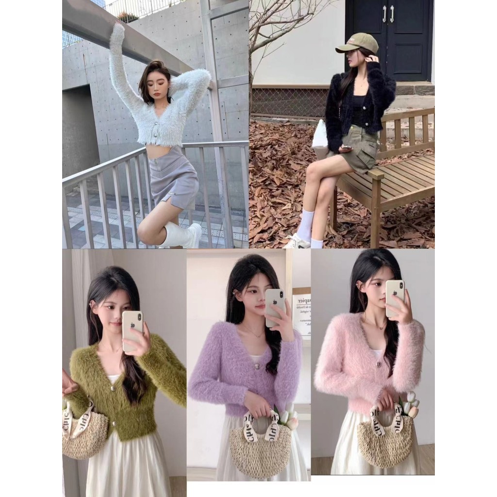 เสื้อสเวตเตอร์ผ้าพลัฌของผู้หญิงเสื้อคาร์ดิแกนทรงเข้ารูปแบบสั้นคอวีสไตล์ญี่ปุ่นเสื้อสเวตเตอร์ถักแบบใหม่สำหรับฤดูใบไม้ร่วงและฤดูหนาว