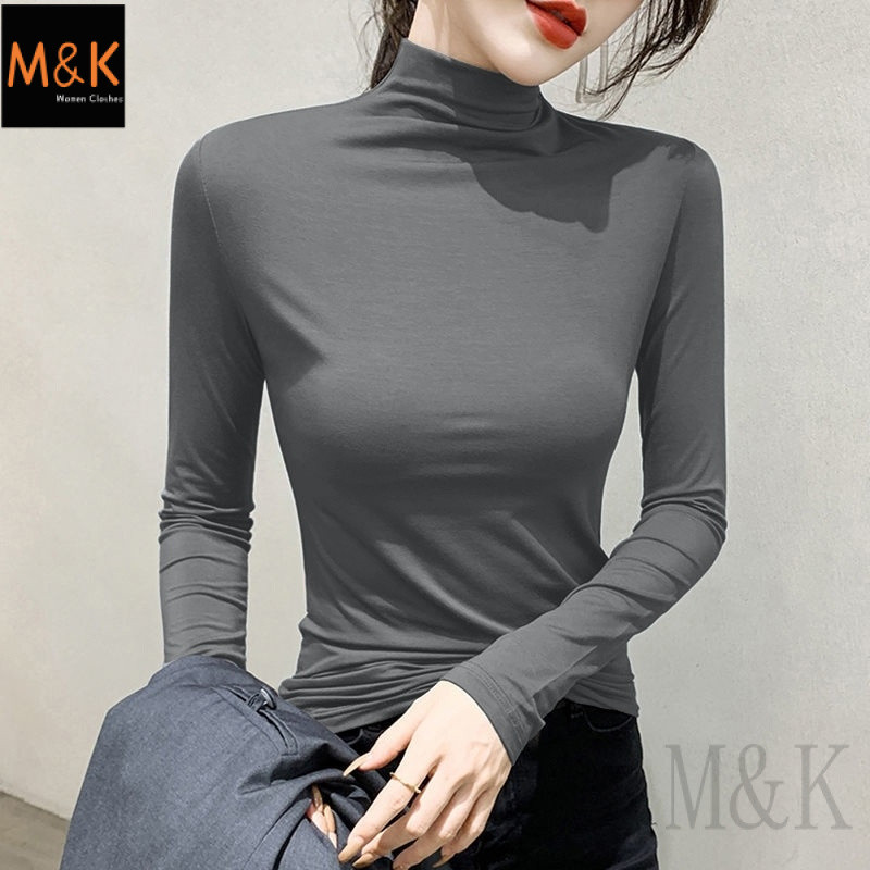 M & K Modal ครึ่งคอเต่า Bottoming เสื้อผู้หญิงเสื้อยืดแขนยาวสีดําฤดูใบไม้ร่วงฤดูหนาวด้านในขนาดใหญ่ด้านบน